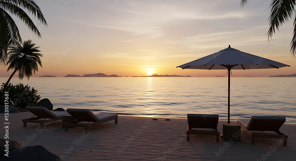 Naklejka premium Serene Sunset Beach Scene with Lounge Chairs and Umbrella