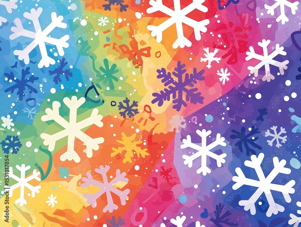 Rainbow Watercolor Background with Scattered Snowflakes winter pattern Rainbow Watercolor Background with Scattered Snowflakes winter pattern
