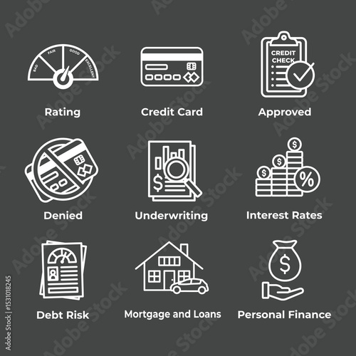 Credit Score and Loans Icon Set with Approved Credit Underwriting Interest Rates Debt Mortgage Refinance