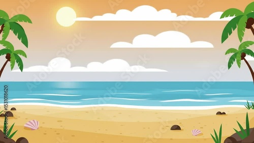 Cartoon style beach scene with palm trees golden sand and turquoise water under a bright sunset sky