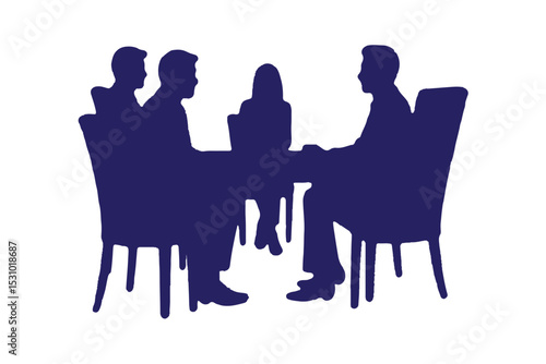 Group of people sitting around a long table, Sitting table flat silhouette vector