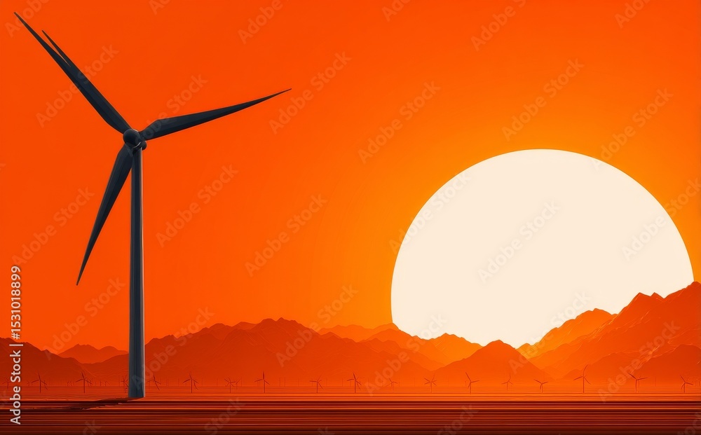 Obraz premium The image of a wind turbine's silhouette at sunset, with forested hills in the background, is representative of clean energy, sustainable power, and the transformation of the environment