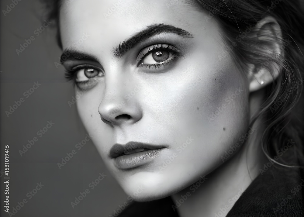 Fototapeta premium Close-up portrait of a woman's face. the woman has a serious expression with her eyes looking directly at the camera. her lips are slightly parted and her nose is slightly upturned.