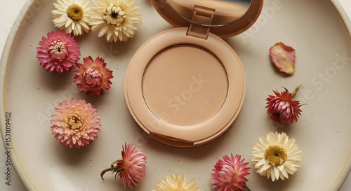 Beige Powder Compact Makeup and Pastel Flowers on Plate, Natural Cosmetics, Floral Beauty Product, Skincare