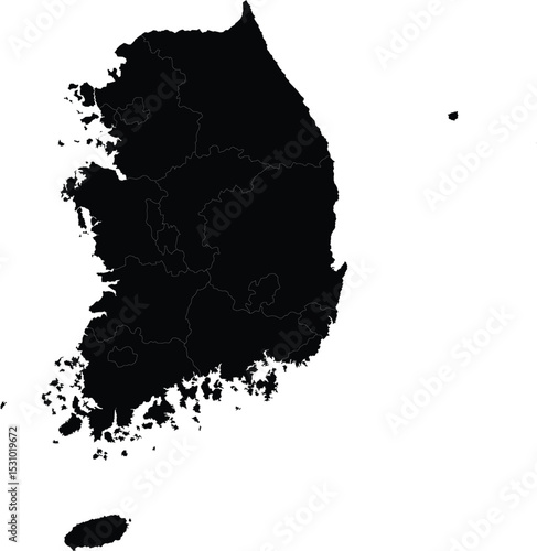 vector map silhouette of south korea with provincial borders, black on white background, no labels