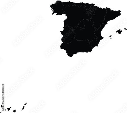 black silhouette map of spain with outlined regions, geographic illustration