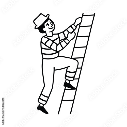 A smiling mime artist climbing a ladder in classic striped outfit and a bowler hat outlien art