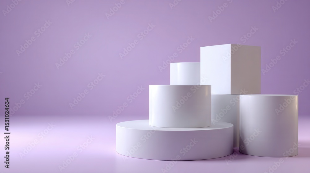 Geometric Shapes Display: Abstract geometric shapes, including cylinders and a cube, create a modern display. Soft lighting casts shadows. Creating depth on the lavender background. Geometric Shapes Display: Abstract geometric shapes, including cylinders and a cube, create a modern display. Soft lighting casts shadows. Creating depth on the lavender background.