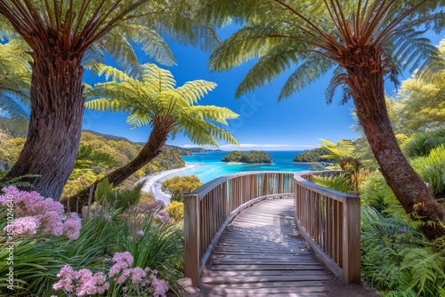 A lengthy wooden bridge extends into a dense New Zealand forest