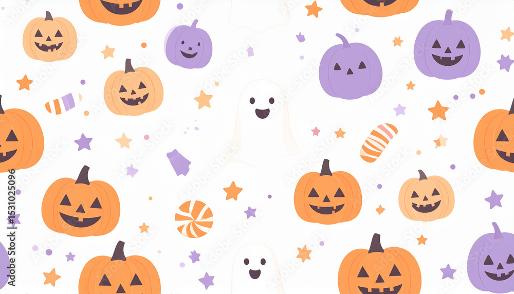 Cute Halloween Seamless Pattern with Pumpkins, Ghosts, and Candies Cute Halloween Seamless Pattern with Pumpkins, Ghosts, and Candies