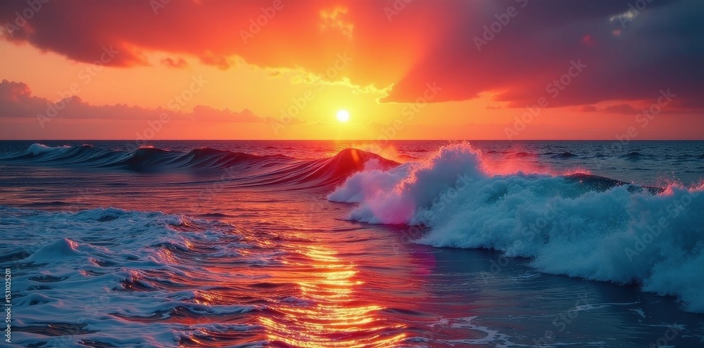 Fototapeta premium Fiery sunset casts long shadows on surging waves , energy, foam