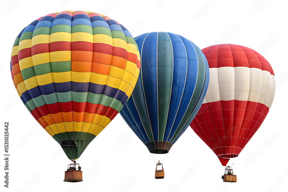 Fototapeta premium Three hot air balloons in the sky with different colors and patterns against a black background view