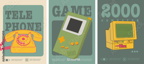 Retro Tech Icons Posters - A vibrant set of flat, nostalgic designs featuring a classic telephone, handheld game console, and early 2000s computer