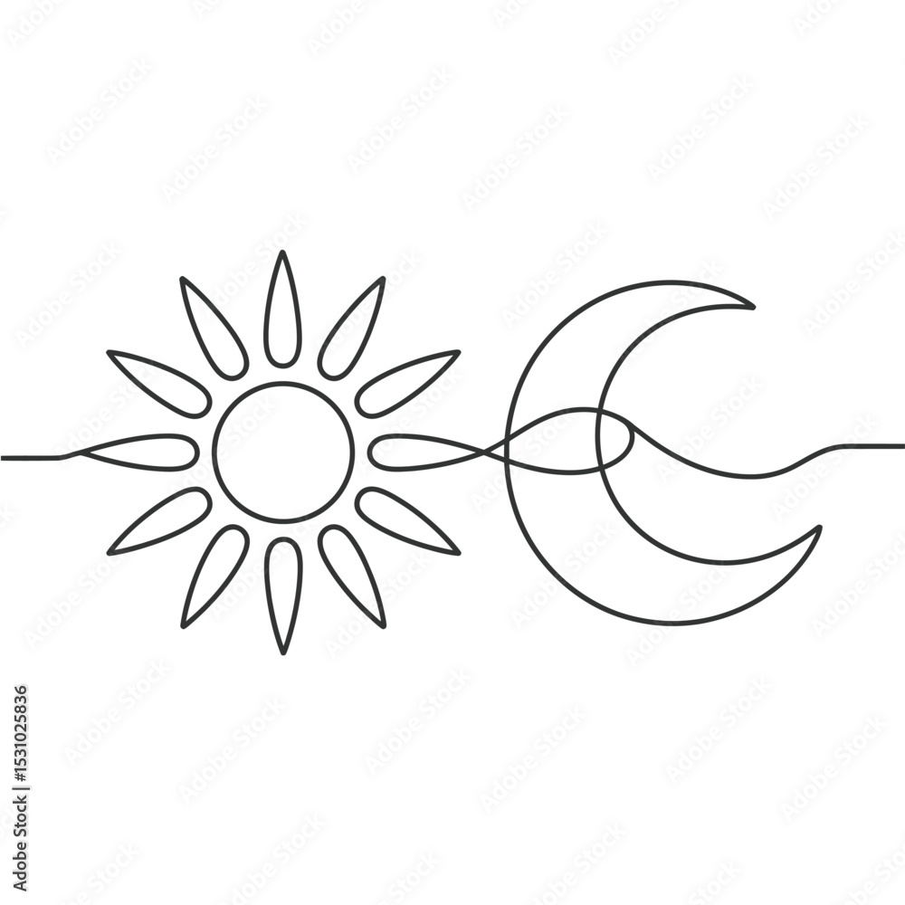 Fototapeta premium Continuous Line Drawing of Sun and Moon Connected Together