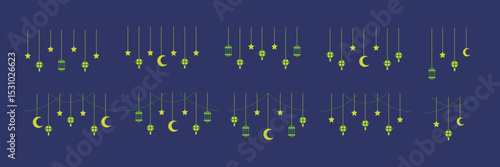 Hanging decorations in the form of lanterns, stars, moons, and ketupat in gold and green for Islamic holidays