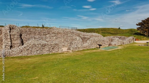 Weathered ramparts and ruined foundations reveal layers of history at Old Sarum, Salisbury, Wiltshire, England, UK