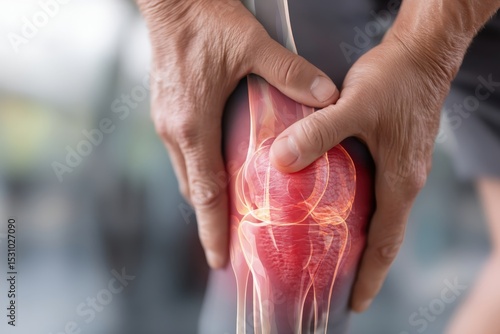Senior man suffering from knee pain, futuristic x-ray illustration highlighting affected area