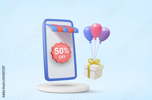 3D Vector Illustration Render of Mobile Online Store on Round Podium with 50% OFF Sign, Screen, Gift Box and Floating Balloons. Special Discount Promotion Concept. Fair Atmosphere, Shopping Festival.