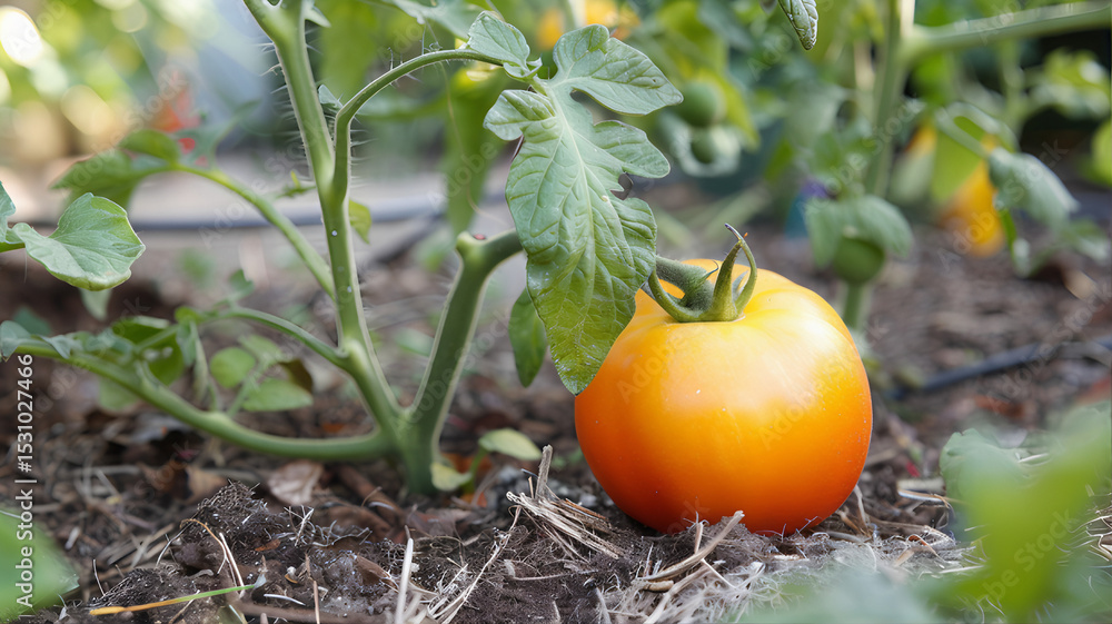 Obraz premium Red tomato in the garden. Ripe fresh tomato in the garden. Tomato plants, field photosynthetic elements. Red tomato growing on the vine on the farm. Tomatoes on the vine sustainable development food