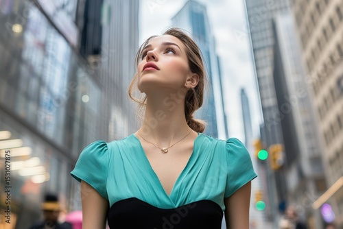 Woman gazing upward in a teal and black dress amidst urban skyscrapers. Free Download Woman gazing upward in a teal and black dress amidst urban skyscrapers. - GFXLoad