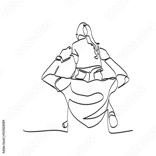 Line drawing of father and daughter. Rear view of father carrying his daughter on his shoulder