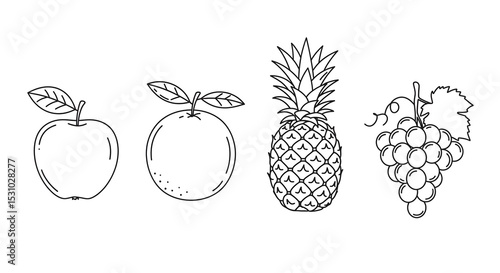 A collection of assorted fruits in a minimalist line art style. Featuring apple, orange, pineapple, and grape icons set on a white background.
