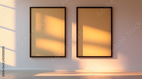 A warm modern minimalist interior scene features 2 large poster frames, tastefully displayed against a crisp white wall,