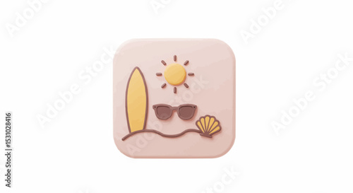 Summer beach scene illustration with surfboard, seashell, sunglasses and sun.