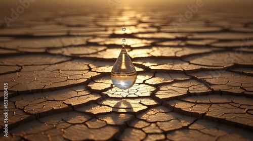 a dramatic high contrast photo of a cracked desert landscape with vast expanses of dry earth and a glistening drop of water hanging in the air,