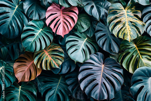 Wallpaper Mural Lush tropical monstera leaves in vibrant green, pink, and yellow hues create a dense, textured background. Ideal for design projects, adding a touch of the exotic. Torontodigital.ca