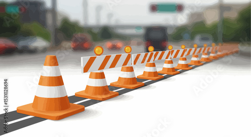 Road work safety cones lining a street, signaling caution and directing traffic.