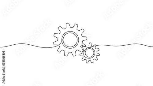 Continuous Line Drawing of Two Interlocking Gears on a White Background