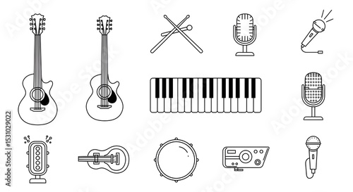Collection of Musical Instruments Line Art Icons Guitars, Keyboard, Microphones, Drums