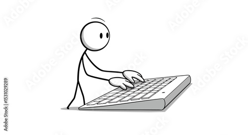 Stick Figure Typing on Keyboard with Focused Expression and Bent Posture