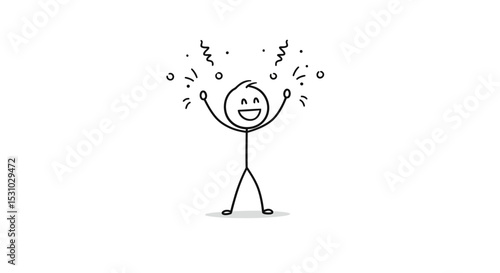 Joyful Stick Figure Celebrating with Confetti and Upraised Arms