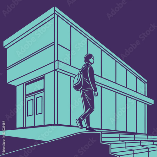 Person with Backpack Walking Past Teal Building at Night