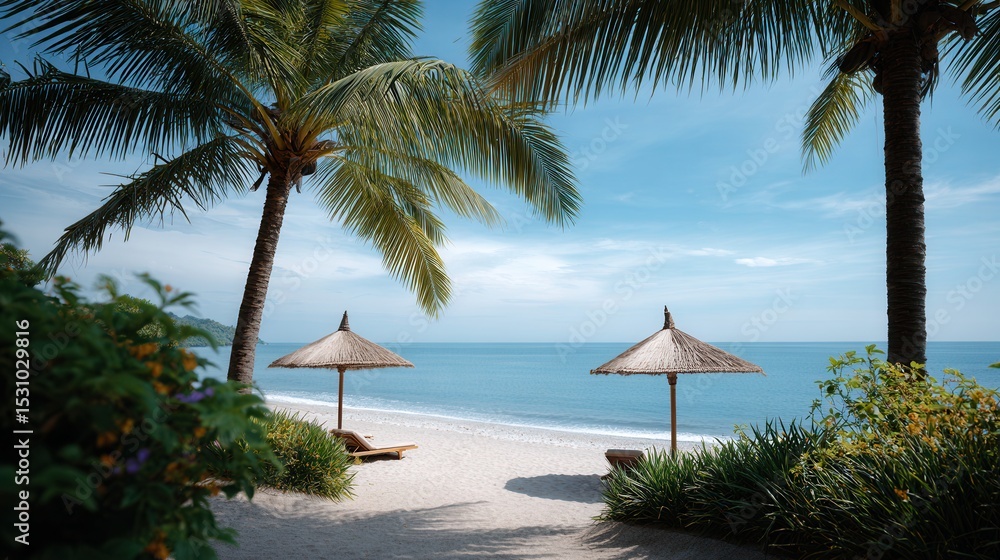Fototapeta premium Tropical Beach Haven: Pristine white beach with swaying palm tree and serene parasol offering idyllic vacation destination.