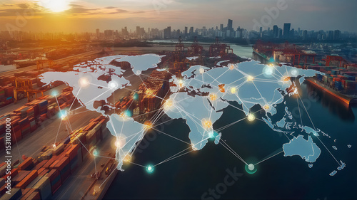 World map overlaid with a network of shipping containers bulk carrier aerial view. Logistics supply chain network. Global business network binary codde container tracking import and export trade.