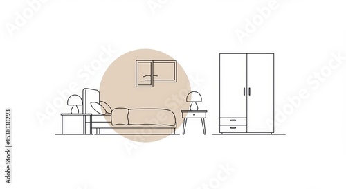 Minimalist Bedroom Outline: Bedside Lamps, Wardrobe, Neutral Circle.