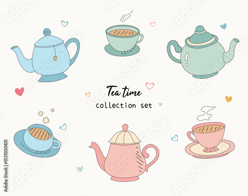 Tea cup and teapot cute doodles illustration collection set. Isolated vector of tea time objects in pastel color. For material, asset, decoration, sticker, book, design, element