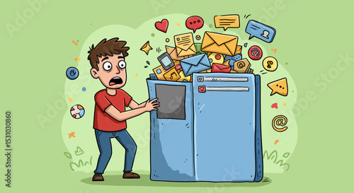 Overwhelmed Man Confronts Overflowing Inbox of Digital Messages and Notifications