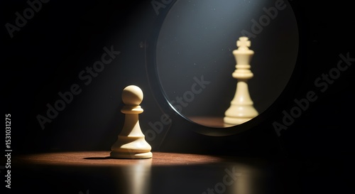 A white chess pawn stands before a circular mirror, its reflection showing a white king piece. Soft ambient light, symbolic of inner strength, growth, and unrealized