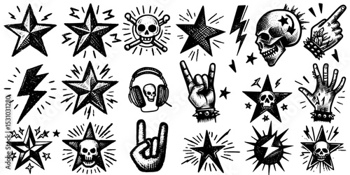  Edgy tattoo flash designs featuring lightning bolts and Star and Lightning Illustrations, skulls.