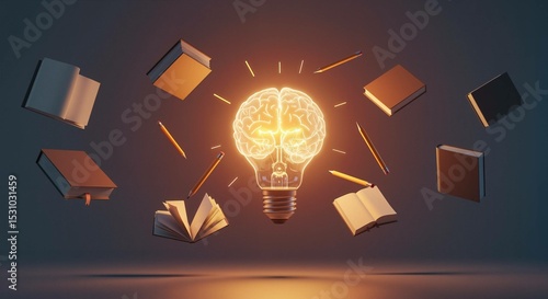 An electric light bulb in the form of a brain surrounded by floating books, symbolizing the enlightenment and enlightenment of the mind from learning