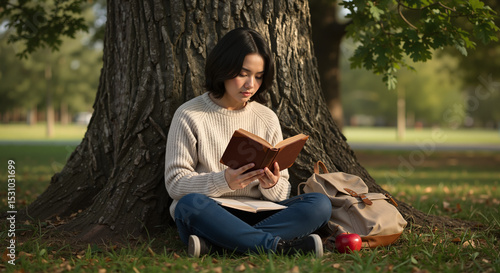 A young Asian woman is reading a book while sitting under a tree in a park