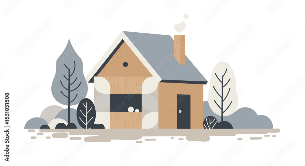 Naklejka premium Scandinavian house with wooden texture and stylized trees in soft tones