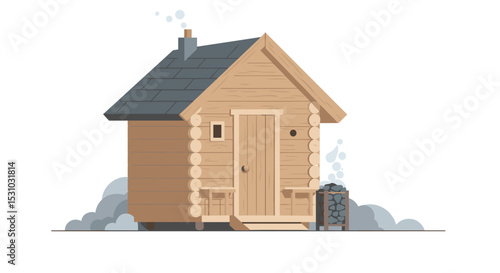 Scandinavian wooden sauna house with smoke and stone heater