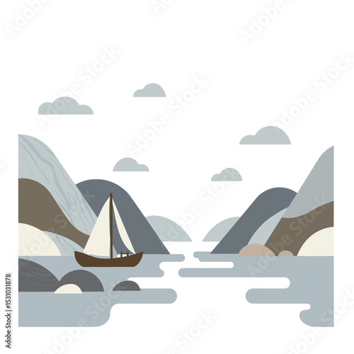 Sailing boat in Scandinavian fjord with abstract mountains and clouds