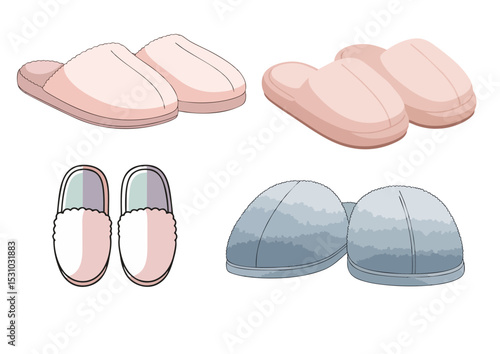 Pair of fuzzy slippers with rounded form and soft shading on a transparent background in flat modern illustration