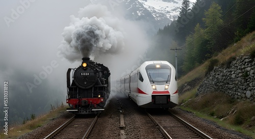 An old steam locomotive racing alongside a magnetic levitation train on parallel tracks through a foggy mountain pass, representing the evolution of transportation